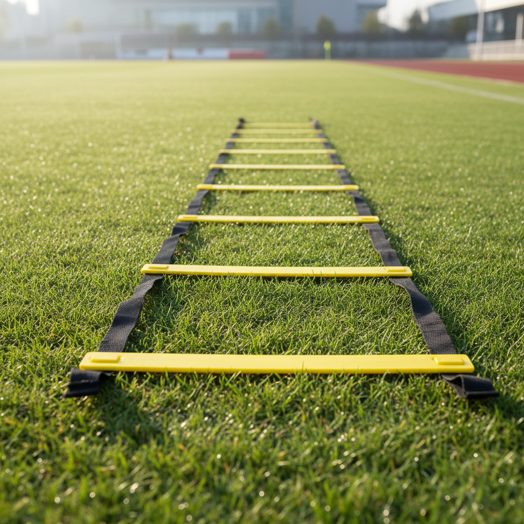 Soccer agility ladder laid out on green grass